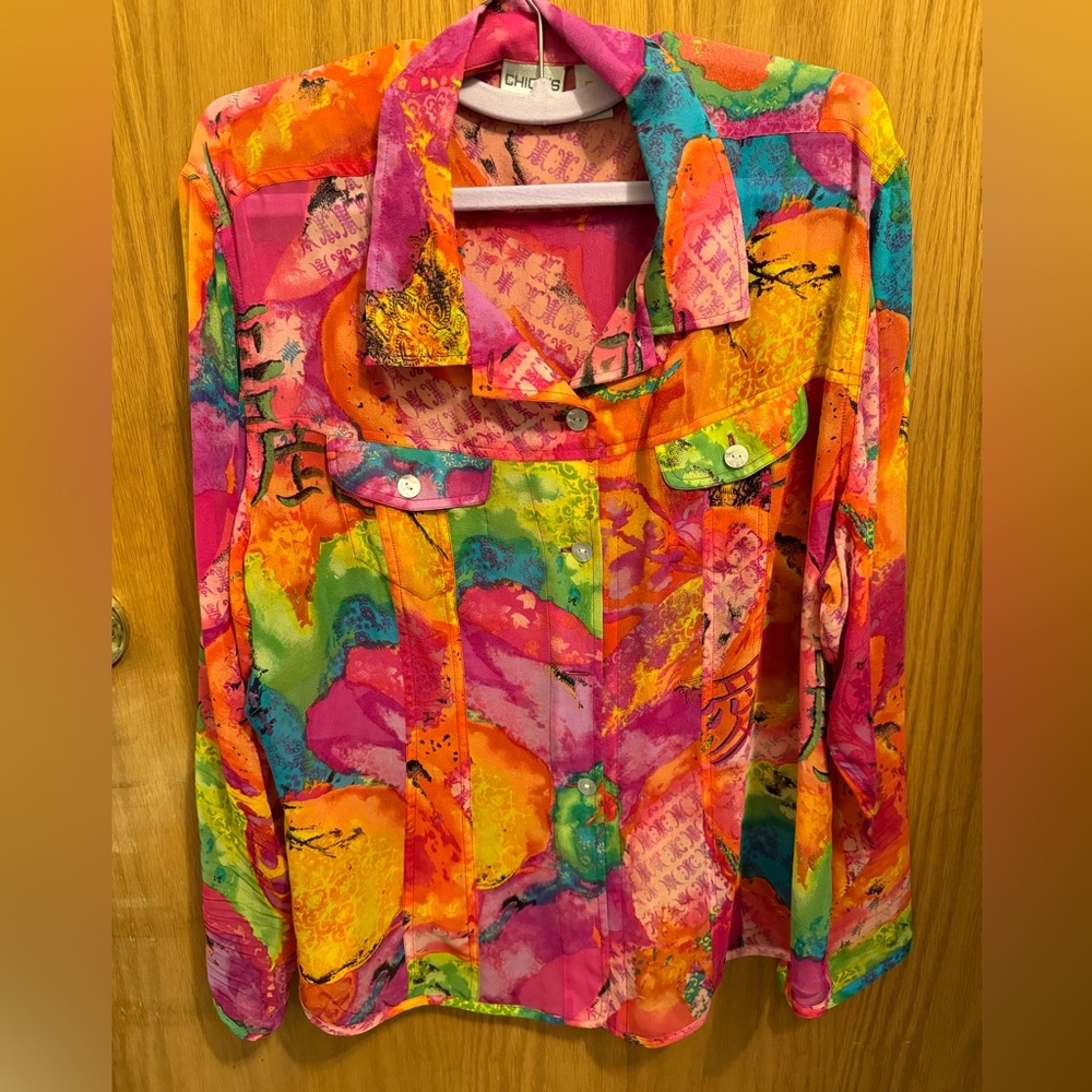 Chico's Silk Blouse Watercolor Multicolored Size 3 XL Long Sleeve Collared